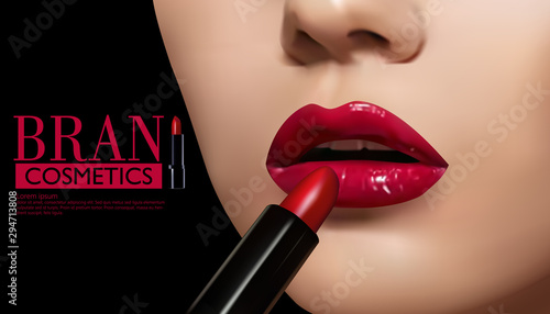 Close up of woman applying red lipstick.Lipstick make up beauty product illustration.Vector illustration.