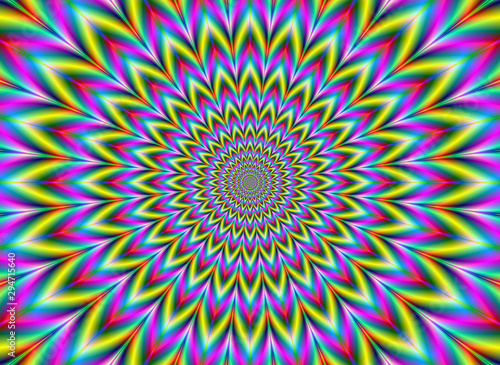 Psychedelic Star Flower / An abstract patterned image with a star flower design in yellow, blue, pink a and green.