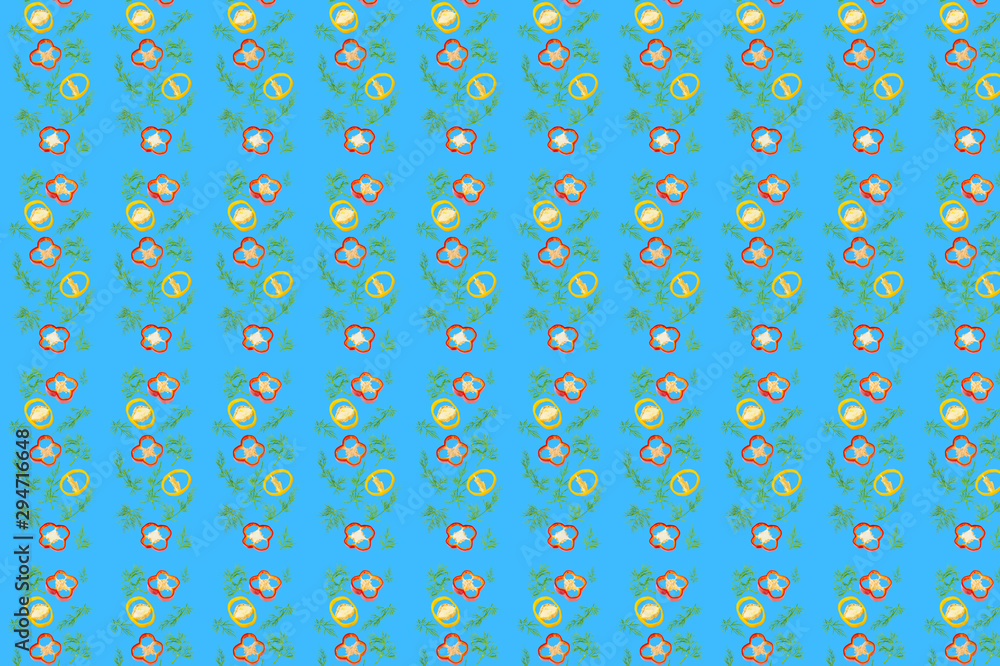 Vivid fresh vegetables pattern on colourful background Vivid fresh vegetables pattern on colourful background