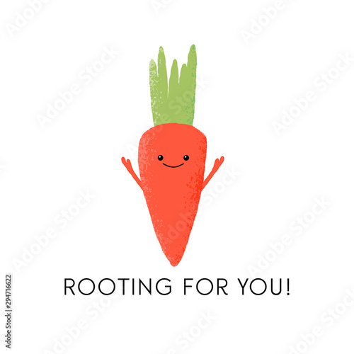Vector illustration of a fun carrot character with the funny pun 'Rooting for you!' Cute vegetable design concept.
