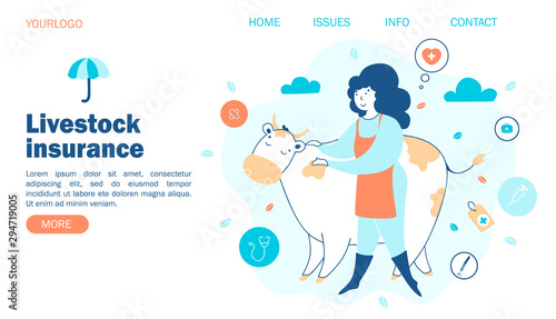 livestock insurance. Concept farmer and cow, insurance against different cases, vector illustration, website template.