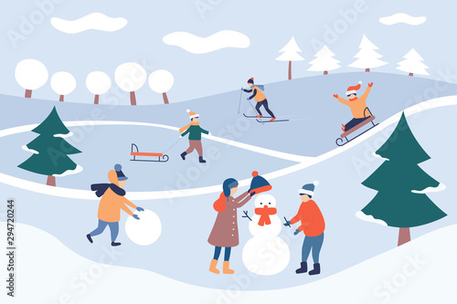 Child winter leisure in park. Winter landscape. Happy holidays and merry Christmas. Cute card. Kids make a snowman. Vector illustration in cartoon and flat style.