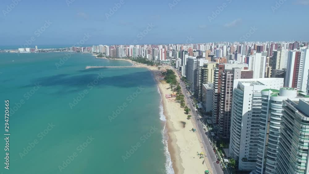 Fortaleza, Ceará / Brazil. Beira Mar. Buildings landscape on the shore. Beiramar, Fortaleza. Aerial view. 4K.