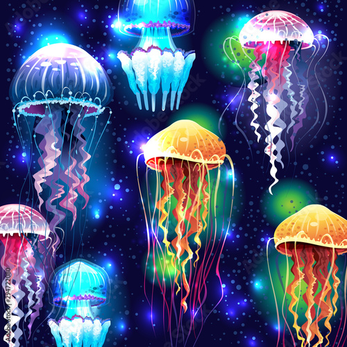 Glowing vivid transparent underwater jellyfishes