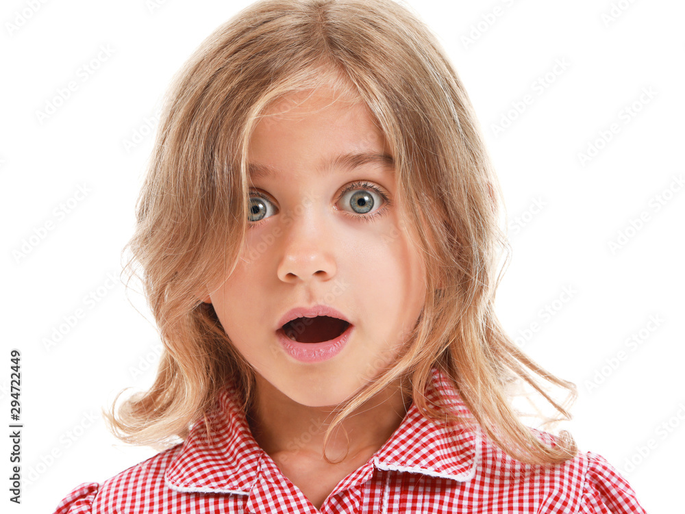 Surprised little girl on white background Stock Photo | Adobe Stock