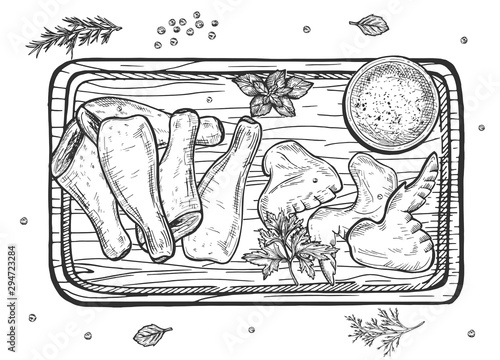 Raw or fried, roasted hen parts
