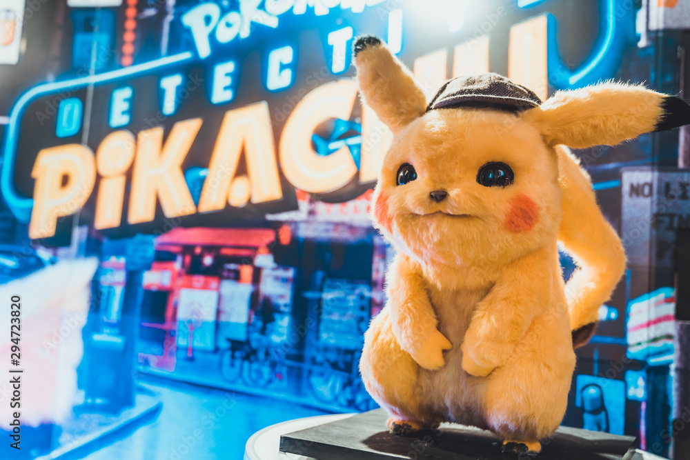 Bangkok, Thailand - May 2, 2019: Pikachu doll display by Pokemon Detective  Pikachu animation movie backdrop in movie theatre. Cartoon comic character,  or cinema film promotional advertisement concept Stock Photo | Adobe Stock