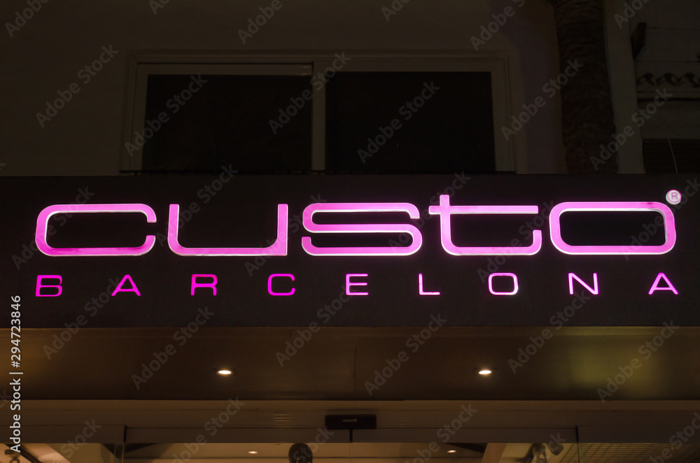 MARBELLA, SPAIN MAY 1 Detail of logo from Custo Barcelona shop on