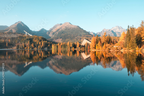 Mountain lake Strbske pleso (Strbske lake) in autumn time. High Tatras national park, Slovakia. Landscape photography
