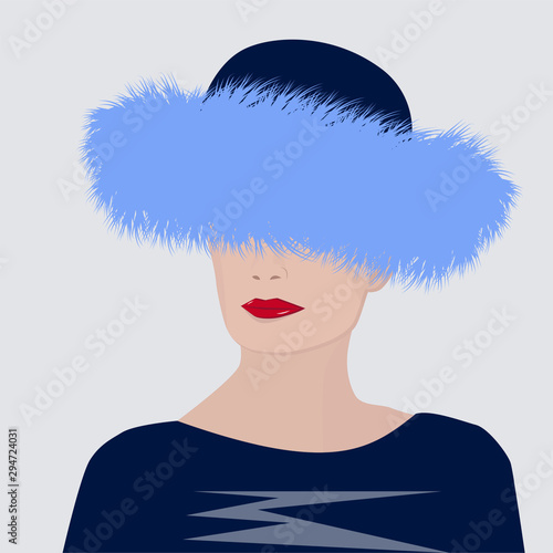 Blue fur hat with long nap - elegant woman - vector. Winter clothes. Modern fashion. Salon of fur products.