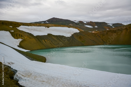 Splendid view of famous crater Viti at Krafla geothermal area in summer with snow present. Myvatn region, North part of Iceland