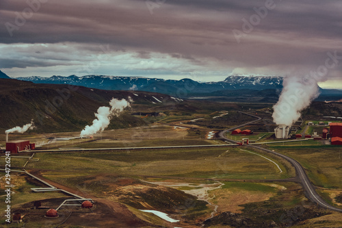 Panoramic view of Krafla geothermal power plant, near Krafla Viti Volcano, Northeastern Iceland, in summer, with some grain.