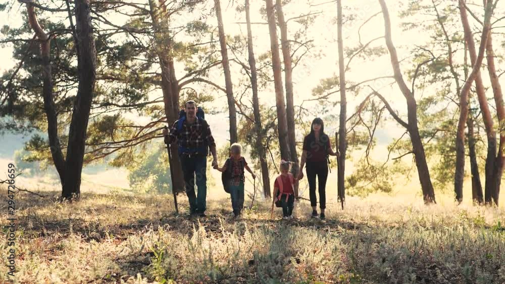 happy family walking through the forest navigation tourists with wooden sticks with backpacks teamwork and children slow motion video concept. father mom dad son and daughter lifestyle come with happy family walking through the forest navigation tourists with wooden sticks with backpacks teamwork and children slow motion video concept. father mom dad son and daughter lifestyle come with