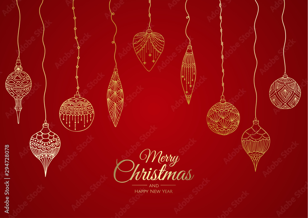 Merry Christmas and Happy New Year. Xmas background with gift box, Snowflakes and balls design.
