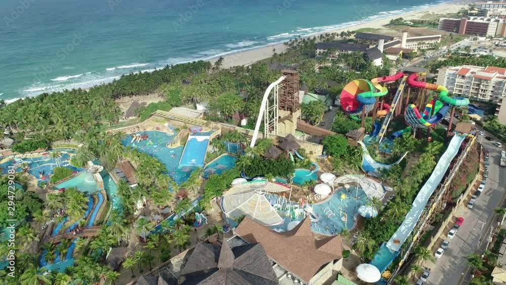 Aerial view of the Beach Park, at Porto das Dunas Beach. Brazilian park near the beach. 4K.