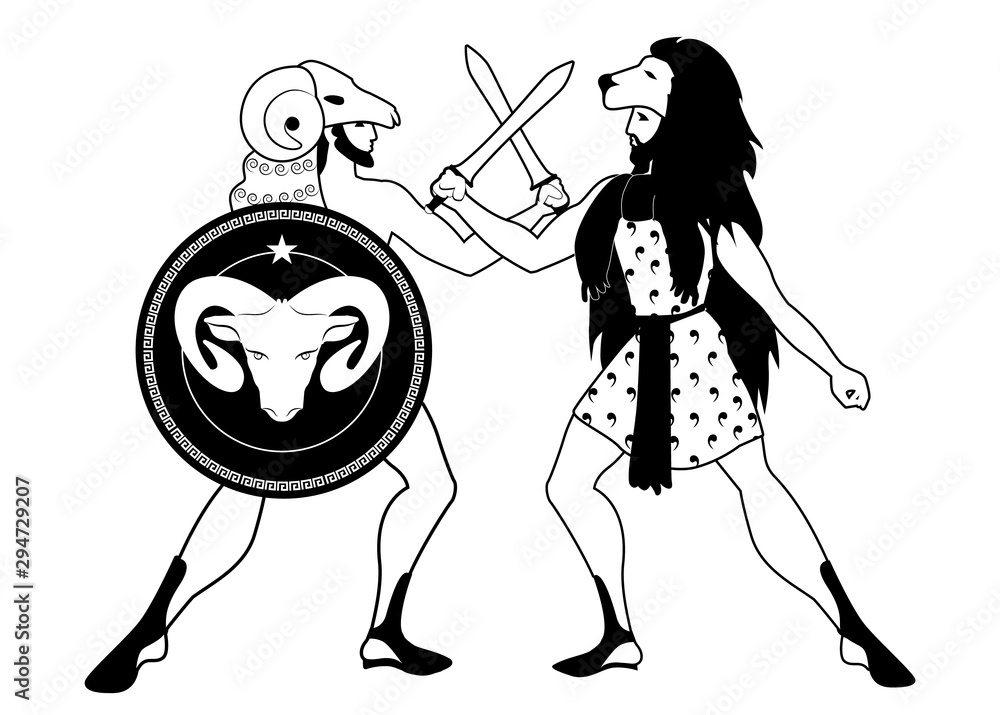 Obraz Greccy bohaterowie rozbijają miecze. Jason i Hercules. Polar i lew. Tarcza z wizerunkiem barana. Styl starożytnej Grecji