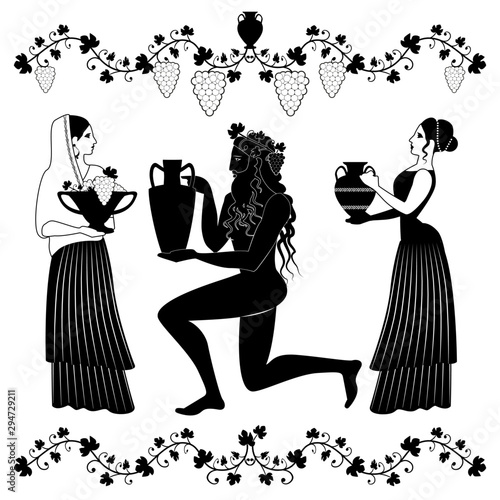 Wallpaper Mural Women holding vessel and fruit bowl and man or God Dionysus kneeling, grabbing amphora and crowned with grape leaves and grapes