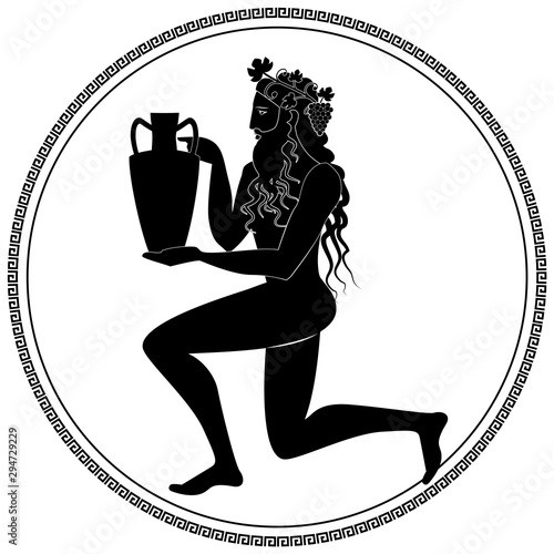 Man knee on land holding an amphora, wearing crown of grape leaves and bunches of grapes. Representation of the god Dionysus. Greek circular ornament around. Ancient Greece style