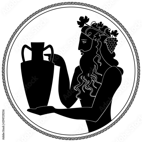 Man holding an amphora, wearing crown of grape leaves and bunches of grapes. Representation of the god Dionysus. Greek circular ornament around. Ancient Greece style