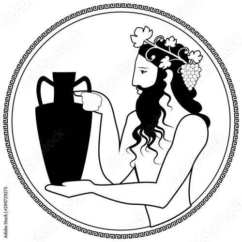 Man holding an amphora, wearing crown of grape leaves and bunches of grapes. Representation of the god Dionysus. Greek circular ornament around. Ancient Greece style