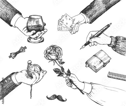 Male hands with vintage objects set