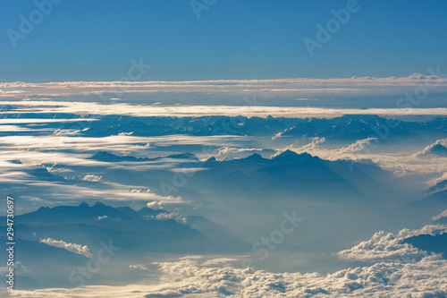 Aerial View from Airplane Above Alps Mountains Mont Blanc White Snow Europe