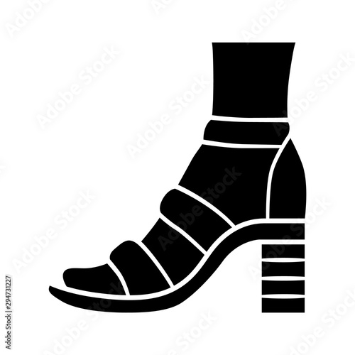Block high heels glyph icon. Woman stylish footwear. Female casual shoes, summer sandals with ankle strap. Clothing accessory. Silhouette symbol. Negative space. Vector isolated illustration