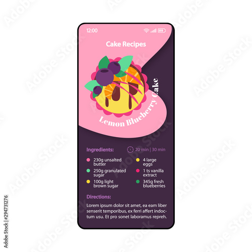 Cake recipes smartphone interface vector template. Mobile app page pink and purple design layout. Lemon blueberry cake screen. Flat UI for application. Sweet dessert. Meal planning app. Phone display