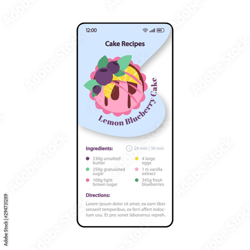Cake recipes smartphone interface vector template. Mobile cooking app page blue, white design layout. Lemon blueberry cake screen. Flat UI for application. Sweet dessert. Recipe finder. Phone display