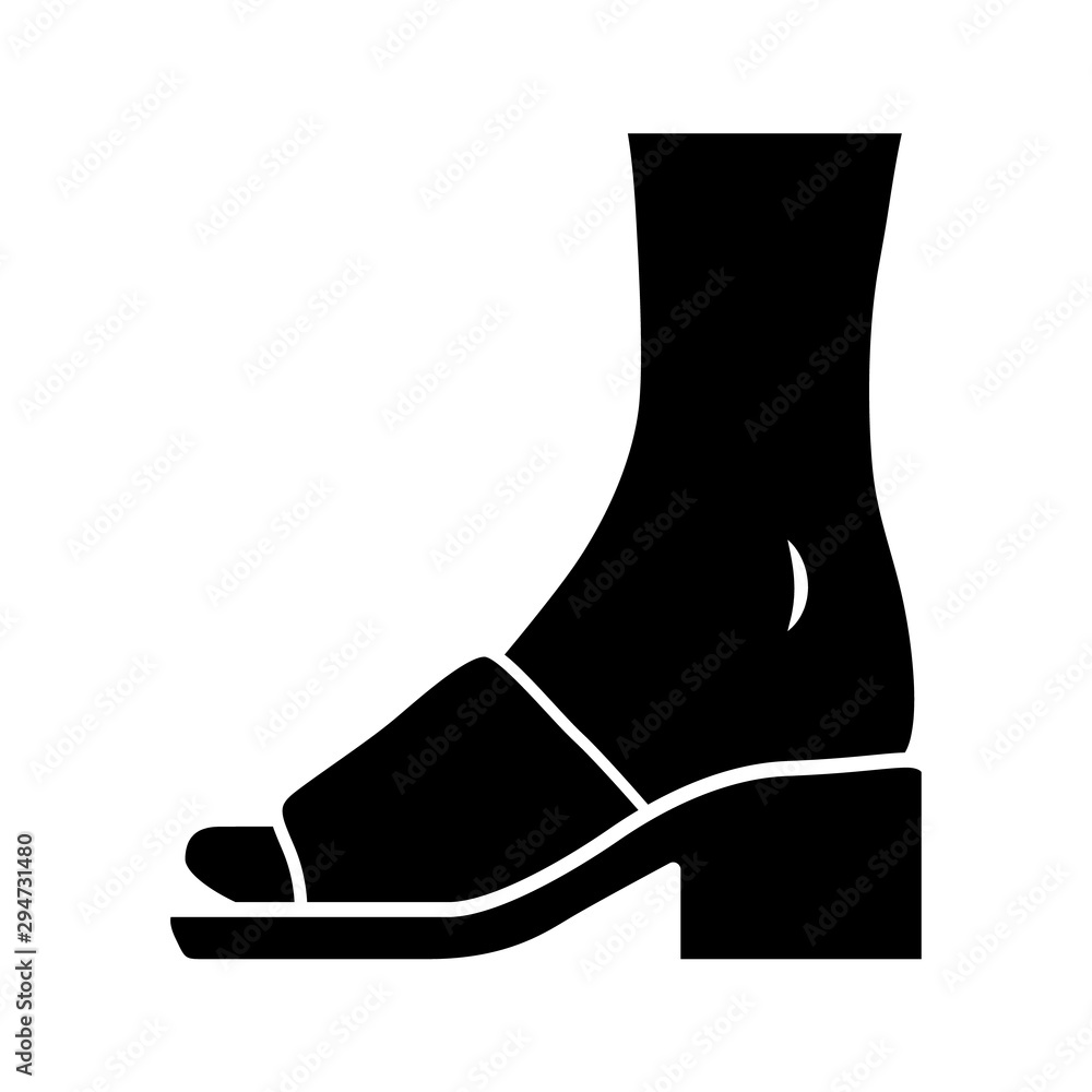 Mule sandals glyph icon. Woman stylish footwear design. Female casual shoes, block high heels. Fashionable retro clothing accessory. Silhouette symbol. Negative space. Vector isolated illustration Mule sandals glyph icon. Woman stylish footwear design. Female casual shoes, block high heels. Fashionable retro clothing accessory. Silhouette symbol. Negative space. Vector isolated illustration