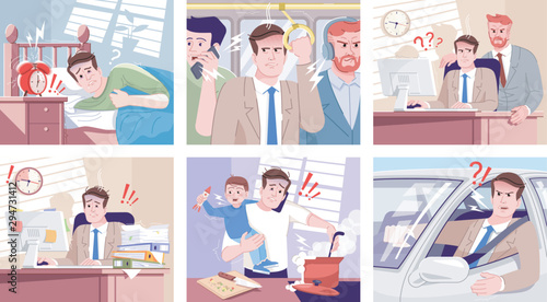 Everyday stress flat vector illustrations set. Tired office manager overworking, boss screaming on employee. Angry driver, stressed father with son cooking cartoon characters. Routine anxiety