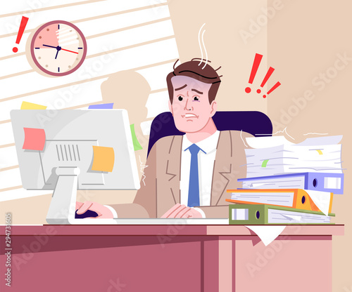 Time limit stress flat vector illustration. Exhausted office worker struggling meet deadline cartoon characters. Time management failure. Tired and frustrated businessman with paperwork pile on table