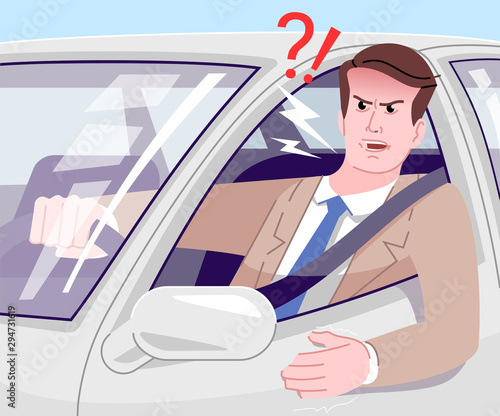Traffic jam stress flat vector illustration. Angry businessman in suit driving car and yelling cartoon character. Irritated and aggressive young driver in automobile. Stressful commuting to work