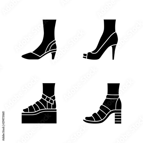 Women summer shoes glyph icons set. Female elegant formal and casual footwear. Stylish platform and block heel sandals. Fashionable stilettos. Silhouette symbols. Vector isolated illustration