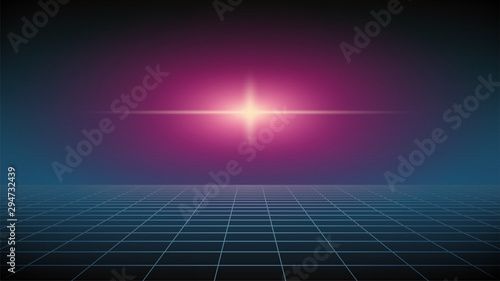 Synthwave background. Retrowave 80s style illustration. Blue perspective grid with pink glowing in distance. TV screen effect. 3d digital geometric template. Retro Futuristic look