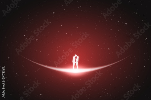 Lovers in space. Vector conceptual illustration with white silhouette of loving couple. Red abstract background with stars and glowing outline