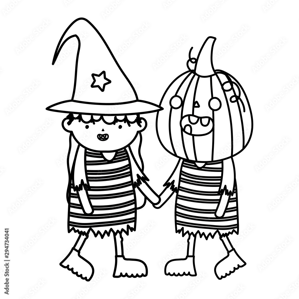 girl witch and boy pumpkin costume trick or treat happy halloweenline design