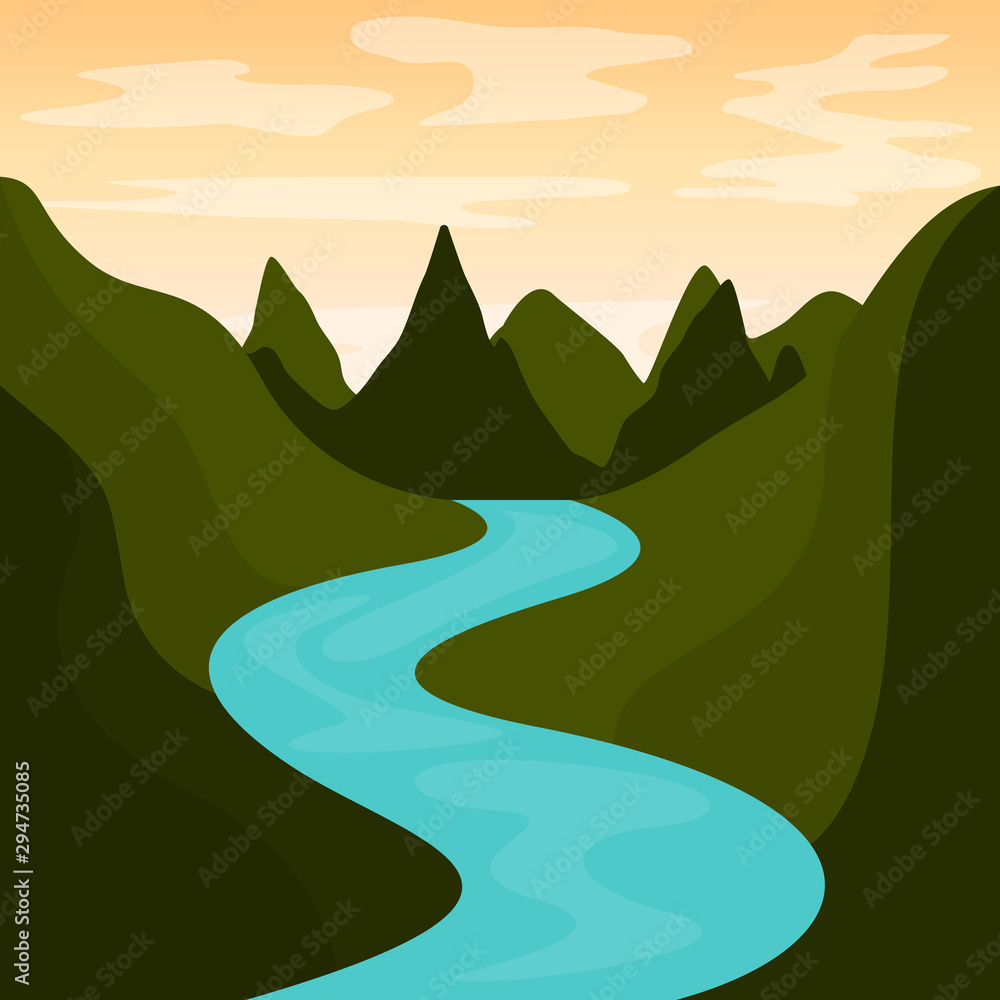 Natural landscape of a mountains and river - Vector illustration