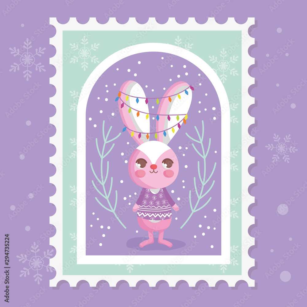 rabbit with lights tangled in the ears branch snow merry christmas stamp rabbit with lights tangled in the ears branch snow merry christmas stamp