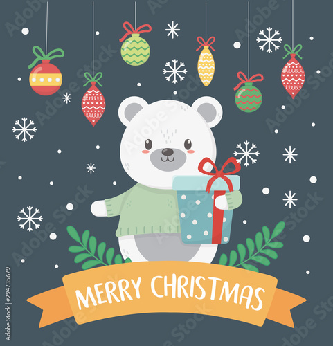 polar bear with present and balls celebration merry christmas poster