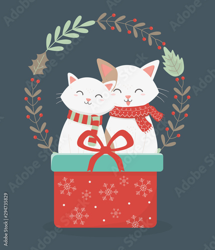 cute cats with red gift wreath decoration celebration merry christmas poster