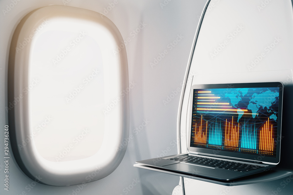 Laptop closeup inside airplane with forex graph and world map on screen. Financial market trading concept. 3d rendering. Laptop closeup inside airplane with forex graph and world map on screen. Financial market trading concept. 3d rendering.