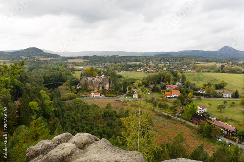 Impregnable medieval rock castle Sloup from the 13th century in Landscape of northern Bohemia, Czech Republic photo