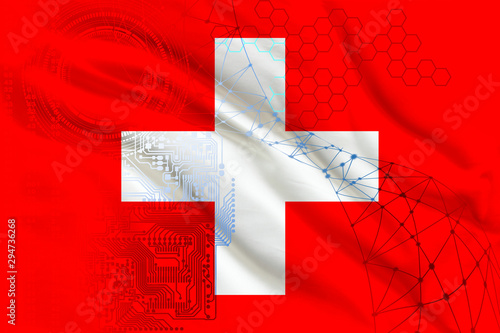 photo of beautiful colored national flag of modern state of Switzerland on textured fabric, concept of tourism, emigration, economy and politics, closeup