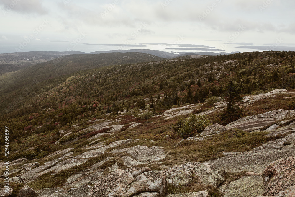 View of Maine coastline in the distance from Cadillac Mountain on Mount Desert Island in Acadia National Park