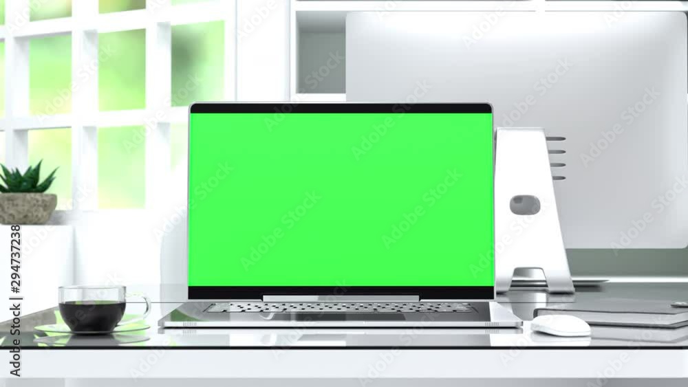 Laptop background. Computer mock up with green screen on work desk in office white color. 3D Render. Laptop background. Computer mock up with green screen on work desk in office white color. 3D Render.
