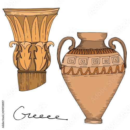 Vector Antique greek amphoras and columns. Black and white engraved ink art. Isolated ancient illustration element.