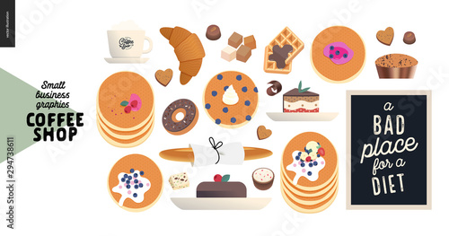 Coffee shop - small business illustrations - pastry - modern flat vector concept illustration of baking -pancakes, cookies, donut, bread, cakes, chocolates, crescent roll and coffee - constructor set