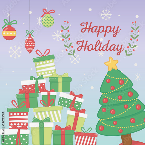 pine tree with star pile gift boxes celebration merry christmas poster