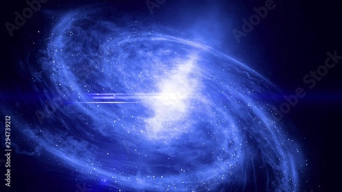 4k video animation. Zoom in. A large galaxy rotates and emits bright blue light. Anamorphic optical flashes.